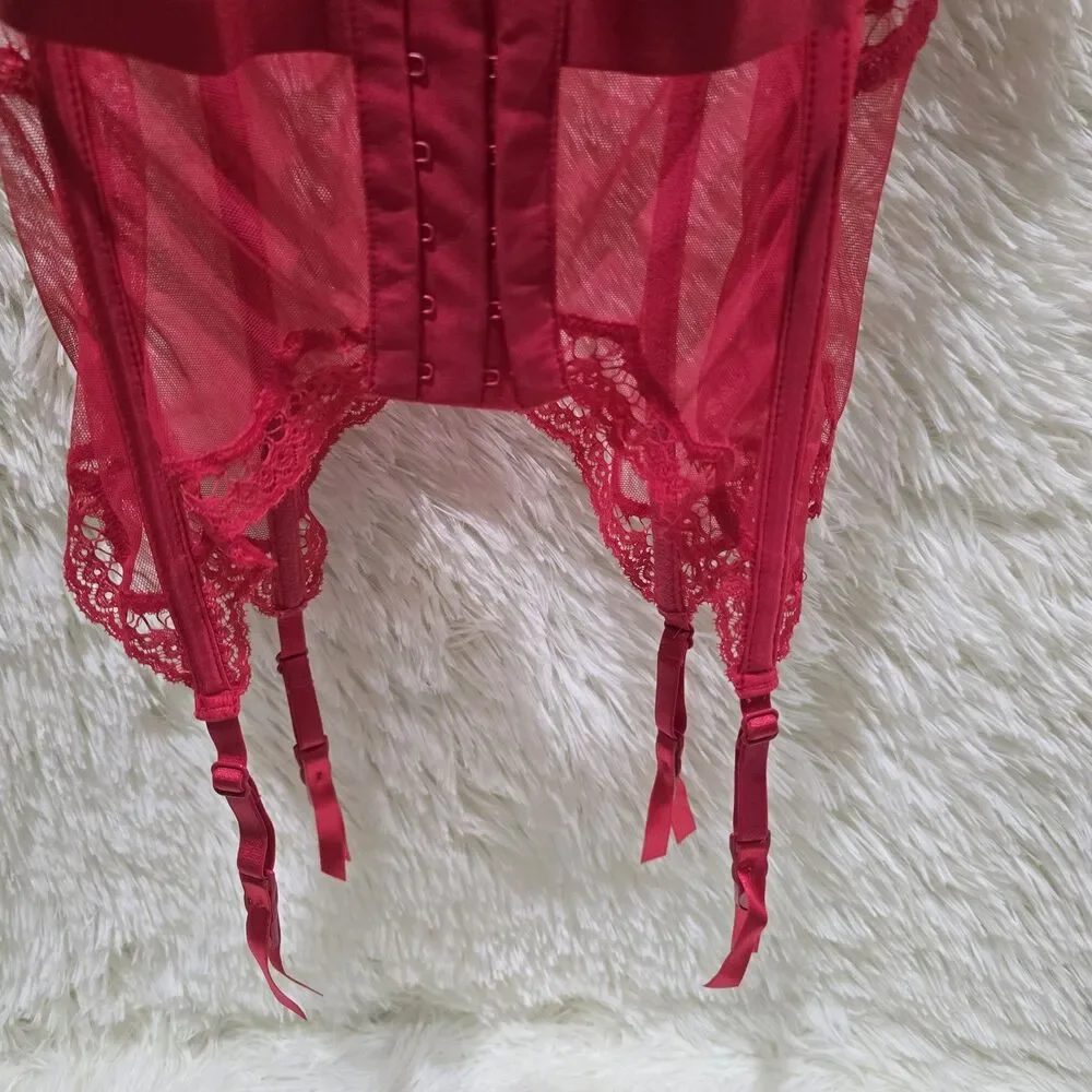Victorias Secret Very Sexy Lace Mesh Corset Garter Baby Doll Teddy Bra 34D Red